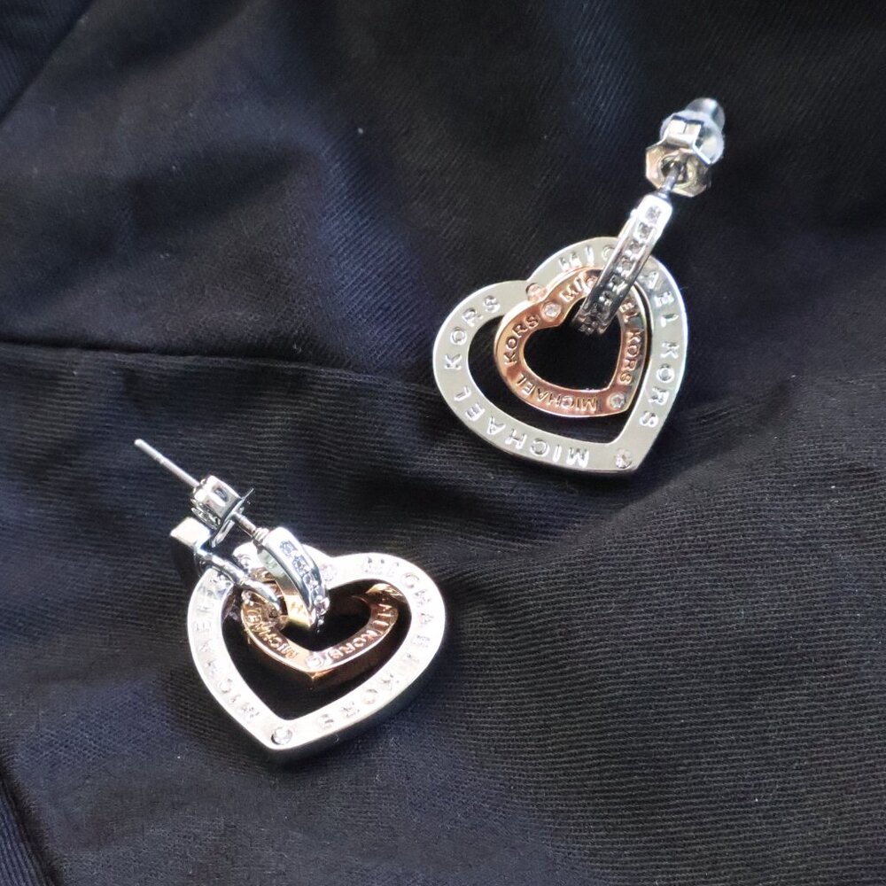 Michael Kors Silver Rose Gold Interlocking Heart Earrings - Picture 2 of 2
